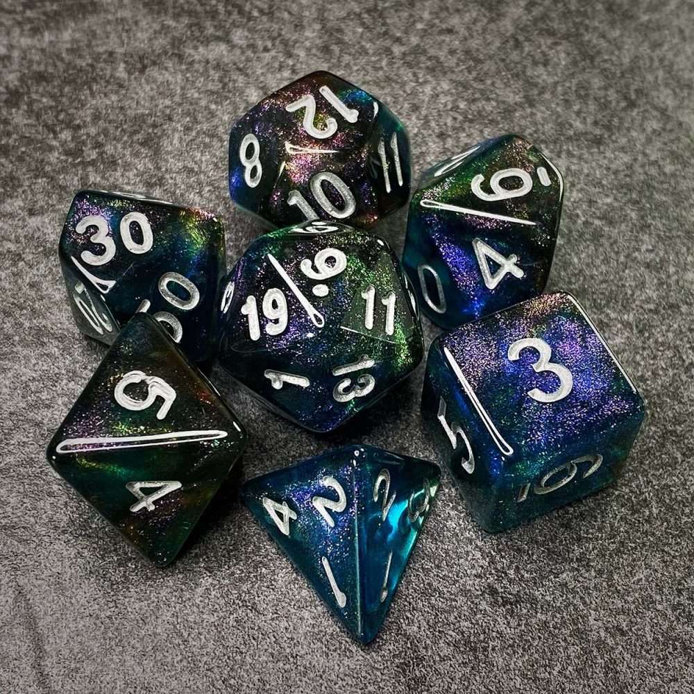 Sage's Shards - Turquoise/Cola/Green Silver Ink Glitter Polyhedral Dice Set - Sage's PortalAcrylic Dice Set