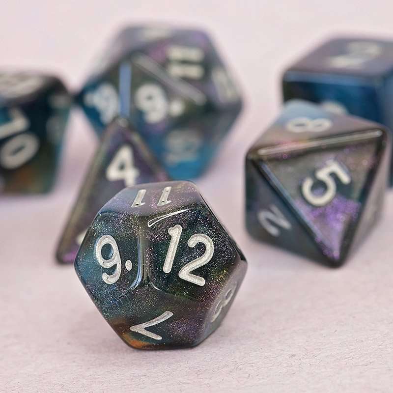 Sage's Shards - Turquoise/Cola/Green Silver Ink Glitter Polyhedral Dice Set - Sage's PortalAcrylic Dice Set