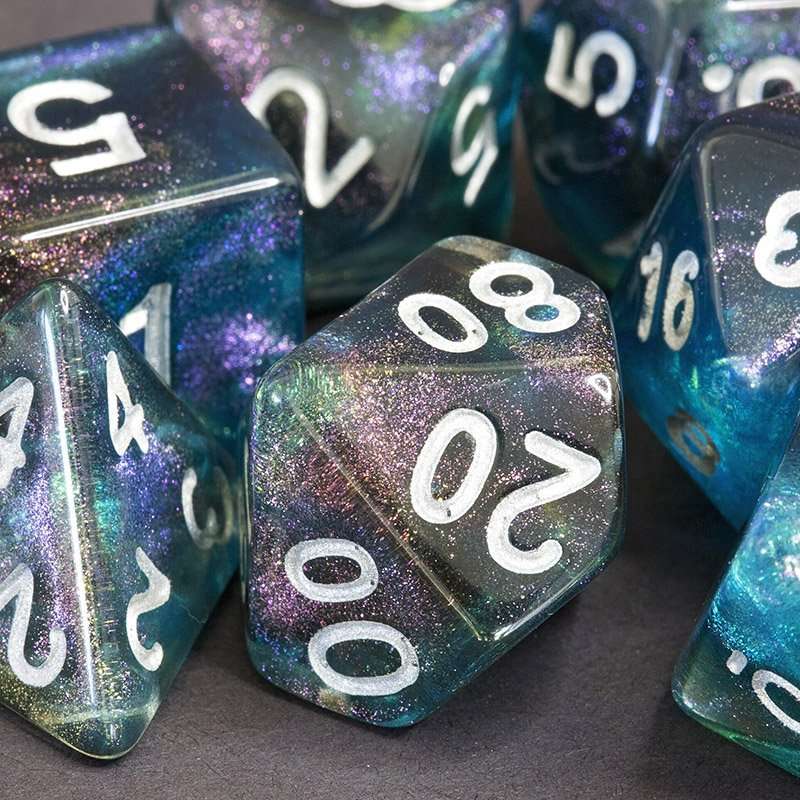 Sage's Shards - Turquoise/Cola/Green Silver Ink Glitter Polyhedral Dice Set - Sage's PortalAcrylic Dice Set
