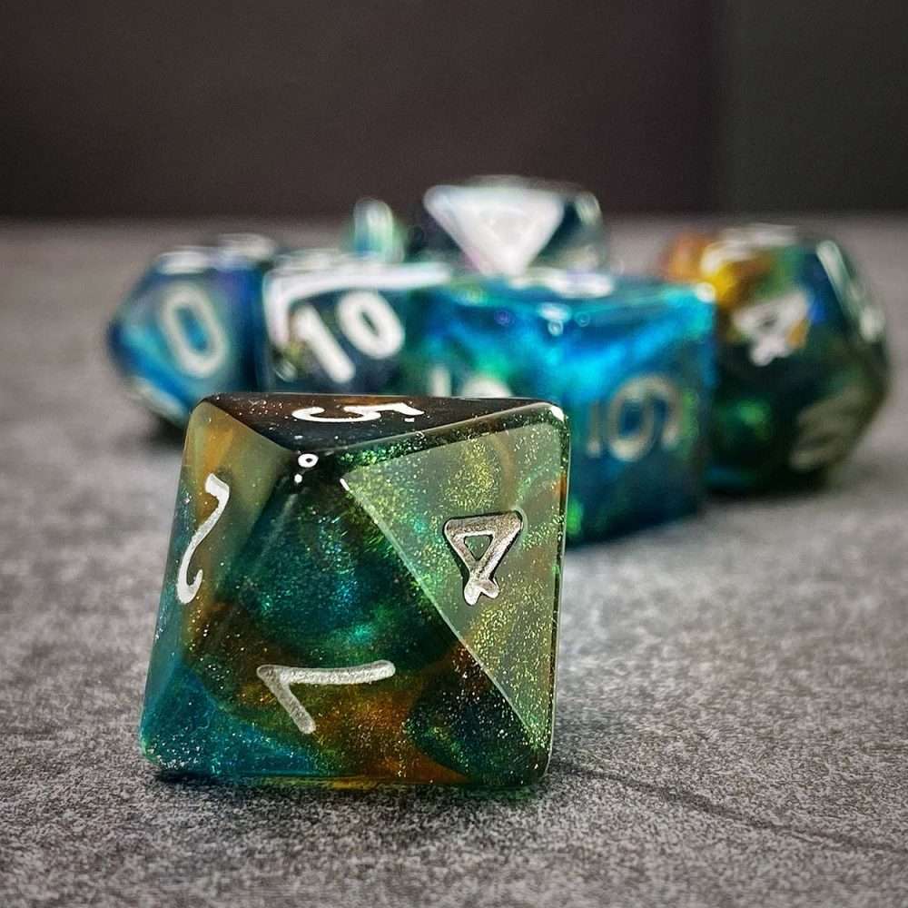 Sage's Shards - Turquoise/Cola/Green Silver Ink Glitter Polyhedral Dice Set - Sage's PortalAcrylic Dice Set