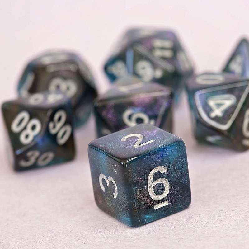 Sage's Shards - Turquoise/Cola/Green Silver Ink Glitter Polyhedral Dice Set - Sage's PortalAcrylic Dice Set