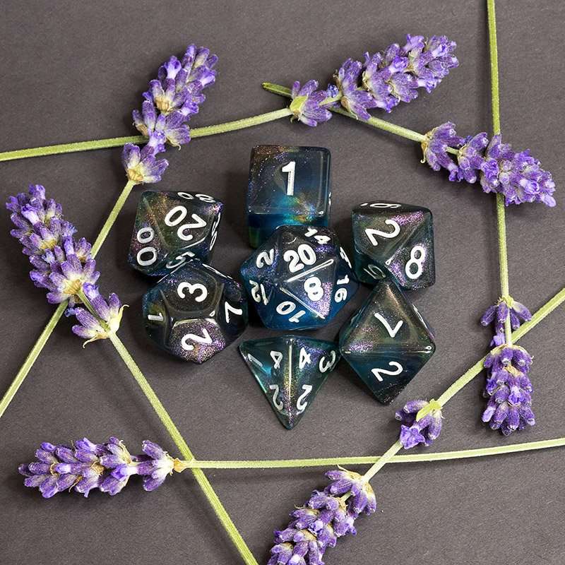 Sage's Shards - Turquoise/Cola/Green Silver Ink Glitter Polyhedral Dice Set - Sage's PortalAcrylic Dice Set