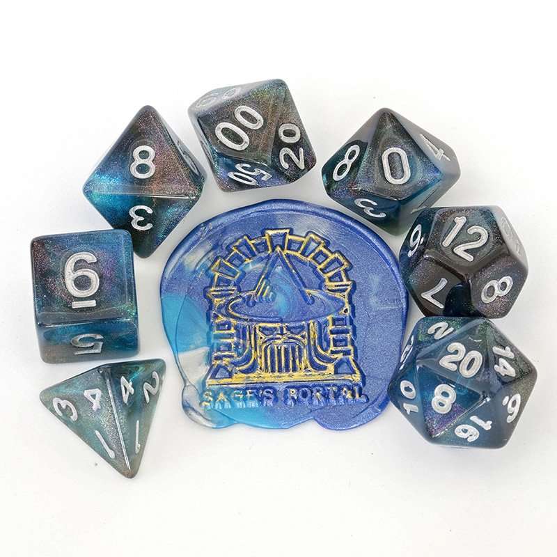 Sage's Shards - Turquoise/Cola/Green Silver Ink Glitter Polyhedral Dice Set - Sage's PortalAcrylic Dice Set