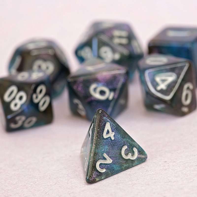 Sage's Shards - Turquoise/Cola/Green Silver Ink Glitter Polyhedral Dice Set - Sage's PortalAcrylic Dice Set