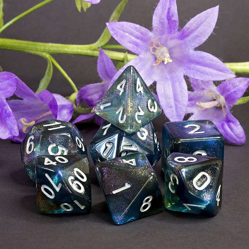 Sage's Shards - Turquoise/Cola/Green Silver Ink Glitter Polyhedral Dice Set - Sage's PortalAcrylic Dice Set