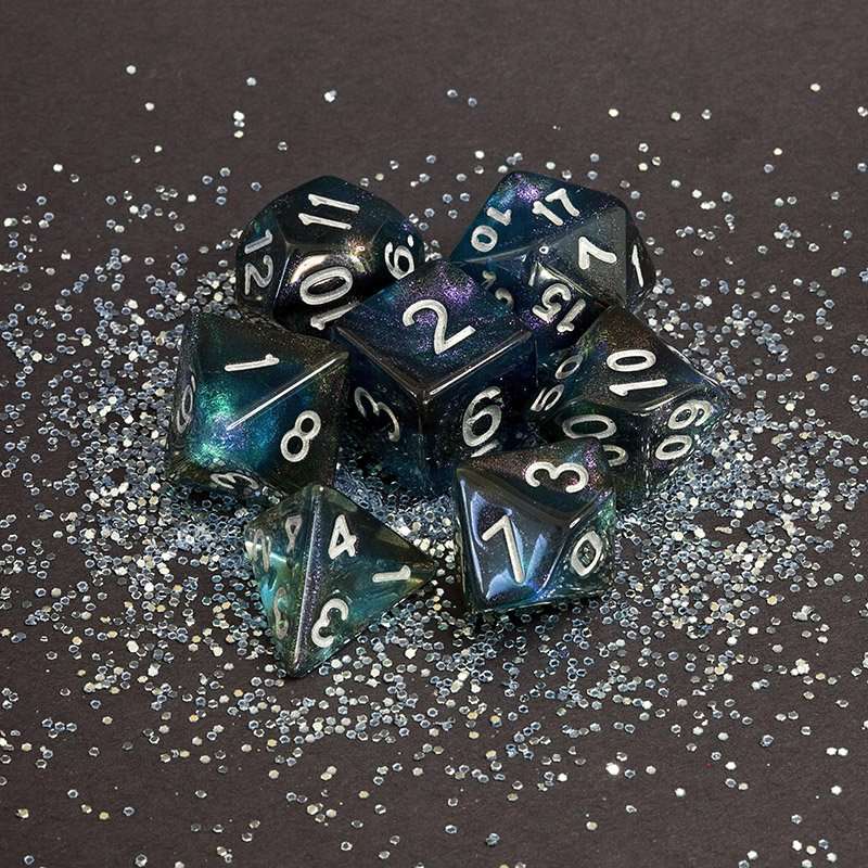 Sage's Shards - Turquoise/Cola/Green Silver Ink Glitter Polyhedral Dice Set - Sage's PortalAcrylic Dice Set