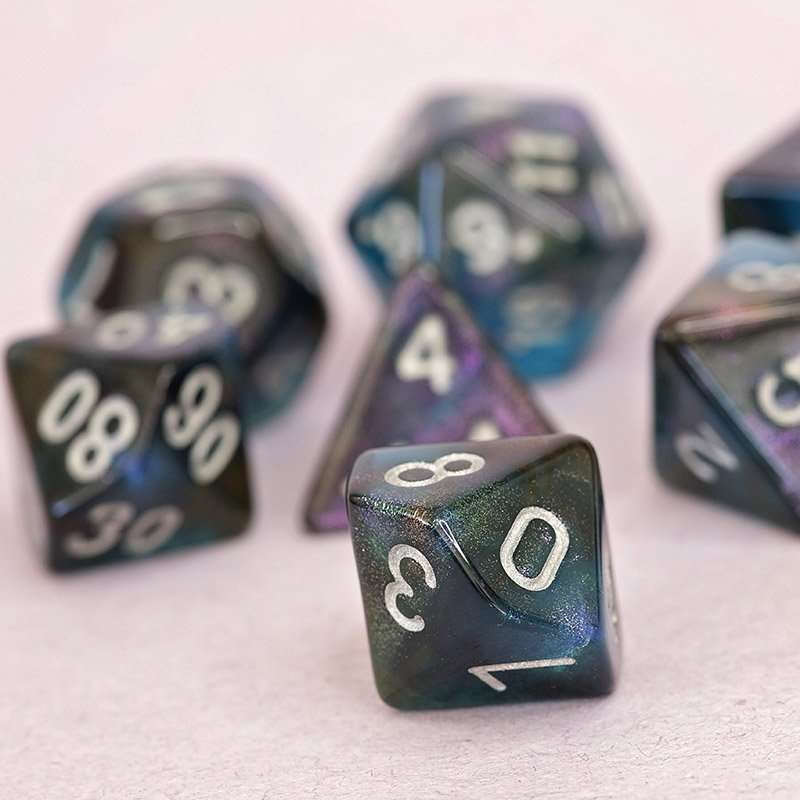 Sage's Shards - Turquoise/Cola/Green Silver Ink Glitter Polyhedral Dice Set - Sage's PortalAcrylic Dice Set