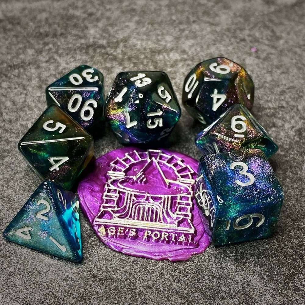 Sage's Shards - Turquoise/Cola/Green Silver Ink Glitter Polyhedral Dice Set - Sage's PortalAcrylic Dice Set