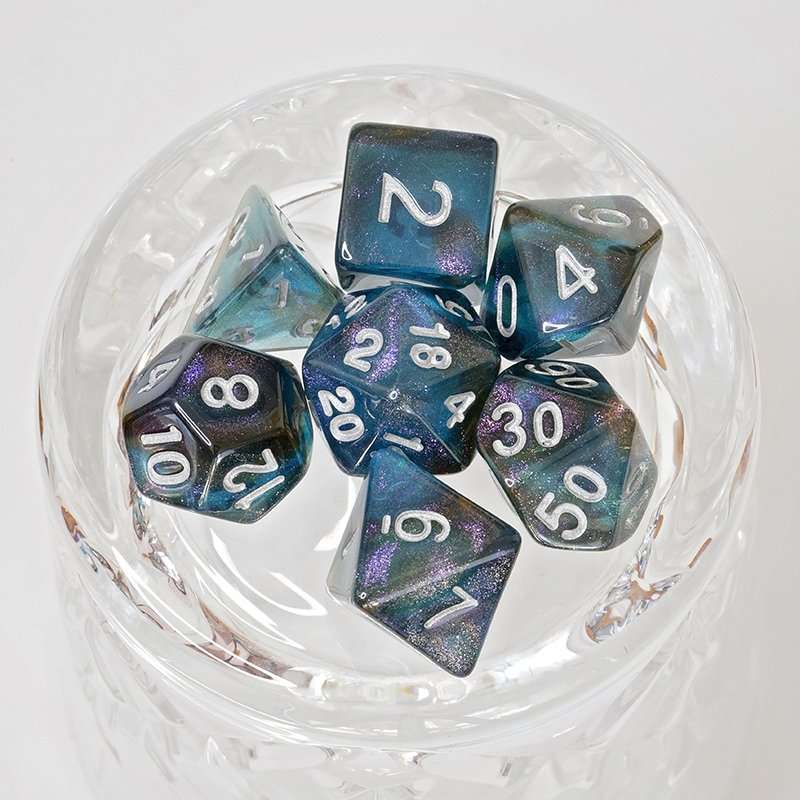 Sage's Shards - Turquoise/Cola/Green Silver Ink Glitter Polyhedral Dice Set - Sage's PortalAcrylic Dice Set