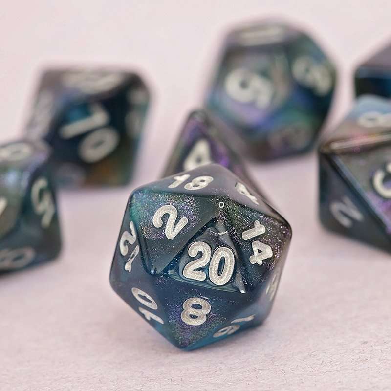 Sage's Shards - Turquoise/Cola/Green Silver Ink Glitter Polyhedral Dice Set - Sage's PortalAcrylic Dice Set