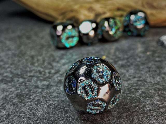 Sage's Spheres - Dark Silver and Aqua Glitter Gemstone Spherical Metal Polyhedral Dice Set - Sage's PortalMetal Dice Set