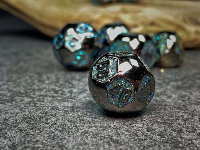 Sage's Spheres - Dark Silver and Aqua Glitter Gemstone Spherical Metal Polyhedral Dice Set - Sage's PortalMetal Dice Set
