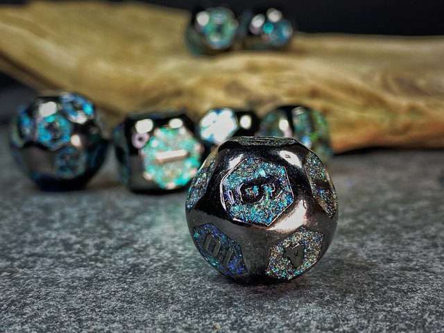 Sage's Spheres - Dark Silver and Aqua Glitter Gemstone Spherical Metal Polyhedral Dice Set - Sage's PortalMetal Dice Set