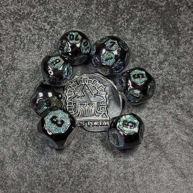 Sage's Spheres - Dark Silver and Aqua Glitter Gemstone Spherical Metal Polyhedral Dice Set - Sage's PortalMetal Dice Set