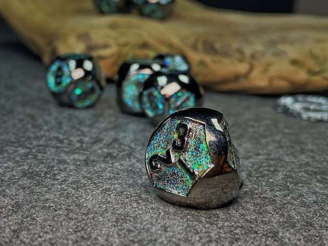 Sage's Spheres - Dark Silver and Aqua Glitter Gemstone Spherical Metal Polyhedral Dice Set - Sage's PortalMetal Dice Set