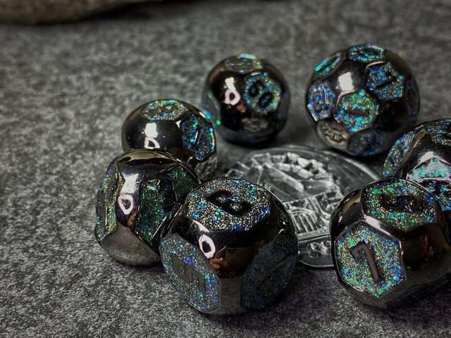 Sage's Spheres - Dark Silver and Aqua Glitter Gemstone Spherical Metal Polyhedral Dice Set - Sage's PortalMetal Dice Set