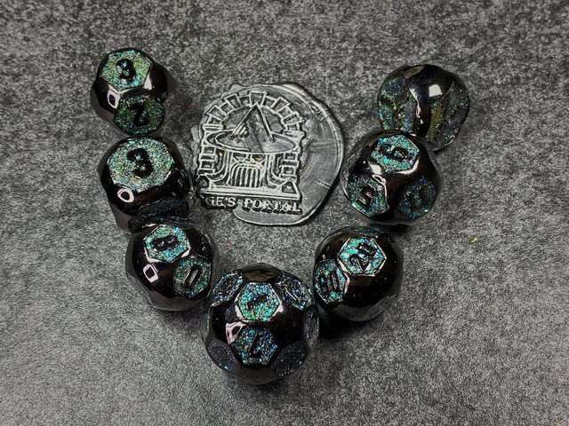 Sage's Spheres - Dark Silver and Aqua Glitter Gemstone Spherical Metal Polyhedral Dice Set - Sage's PortalMetal Dice Set