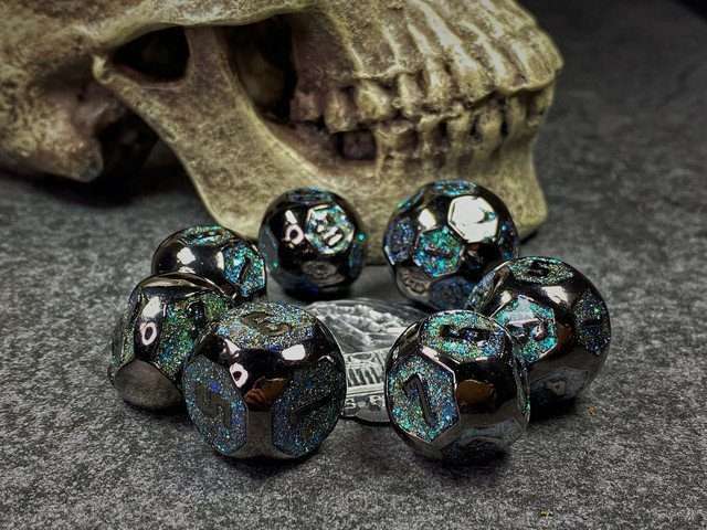 Sage's Spheres - Dark Silver and Aqua Glitter Gemstone Spherical Metal Polyhedral Dice Set - Sage's PortalMetal Dice Set