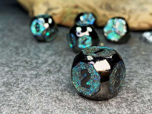 Sage's Spheres - Dark Silver and Aqua Glitter Gemstone Spherical Metal Polyhedral Dice Set - Sage's PortalMetal Dice Set