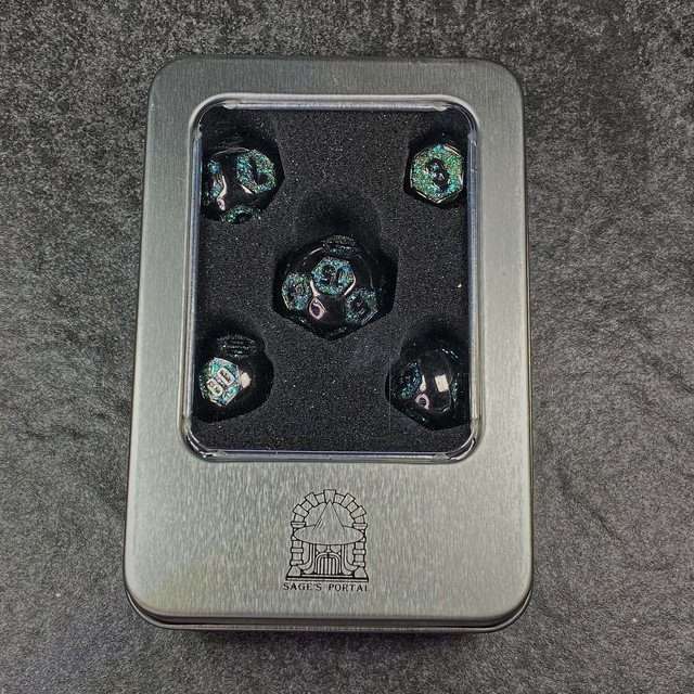 Sage's Spheres - Dark Silver and Aqua Glitter Gemstone Spherical Metal Polyhedral Dice Set - Sage's PortalMetal Dice Set