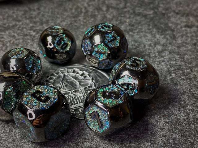 Sage's Spheres - Dark Silver and Aqua Glitter Gemstone Spherical Metal Polyhedral Dice Set - Sage's PortalMetal Dice Set