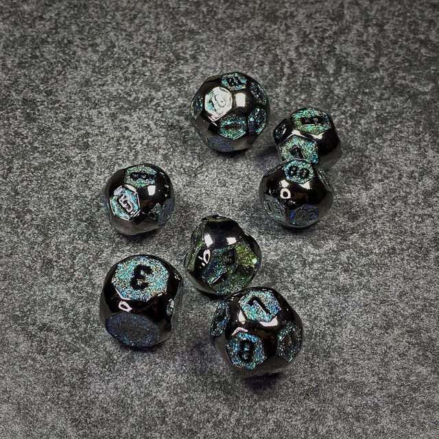 Sage's Spheres - Dark Silver and Aqua Glitter Gemstone Spherical Metal Polyhedral Dice Set - Sage's PortalMetal Dice Set