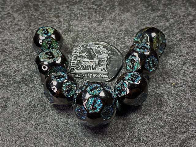 Sage's Spheres - Dark Silver and Aqua Glitter Gemstone Spherical Metal Polyhedral Dice Set - Sage's PortalMetal Dice Set