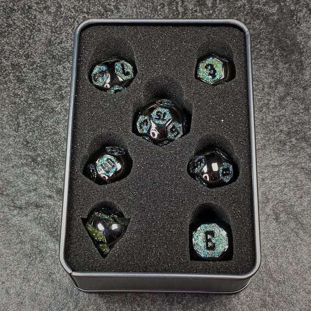 Sage's Spheres - Dark Silver and Aqua Glitter Gemstone Spherical Metal Polyhedral Dice Set - Sage's PortalMetal Dice Set