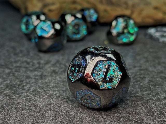 Sage's Spheres - Dark Silver and Aqua Glitter Gemstone Spherical Metal Polyhedral Dice Set - Sage's PortalMetal Dice Set