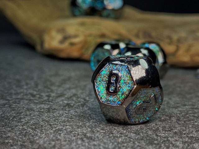 Sage's Spheres - Dark Silver and Aqua Glitter Gemstone Spherical Metal Polyhedral Dice Set - Sage's PortalMetal Dice Set