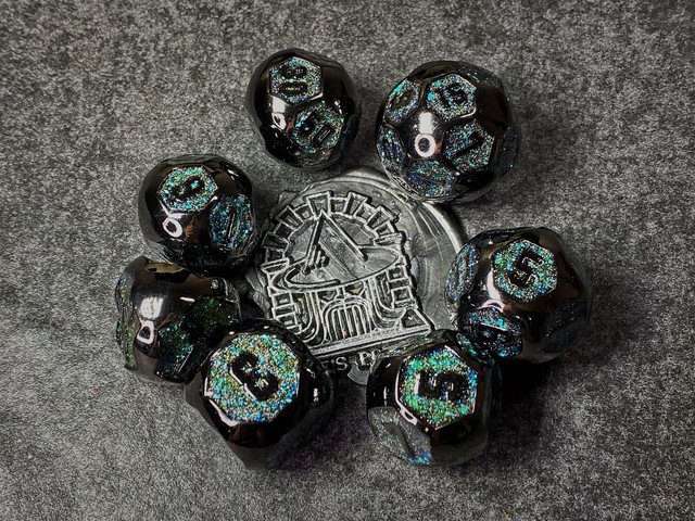 Sage's Spheres - Dark Silver and Aqua Glitter Gemstone Spherical Metal Polyhedral Dice Set - Sage's PortalMetal Dice Set