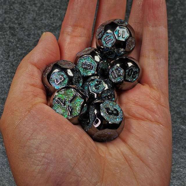 Sage's Spheres - Dark Silver and Aqua Glitter Gemstone Spherical Metal Polyhedral Dice Set - Sage's PortalMetal Dice Set