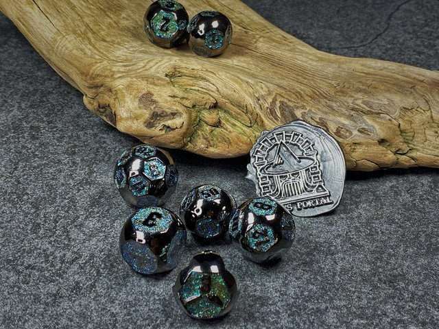 Sage's Spheres - Dark Silver and Aqua Glitter Gemstone Spherical Metal Polyhedral Dice Set - Sage's PortalMetal Dice Set
