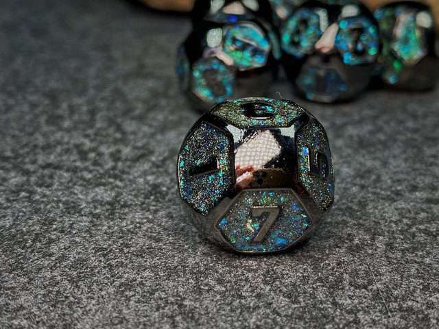 Sage's Spheres - Dark Silver and Aqua Glitter Gemstone Spherical Metal Polyhedral Dice Set - Sage's PortalMetal Dice Set
