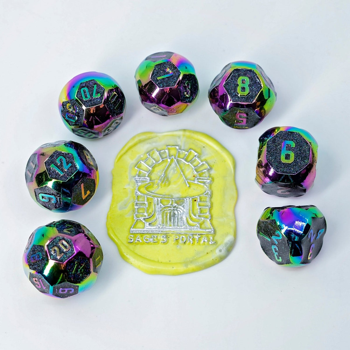 Sage's Spheres - Rainbow Spherical Metal Polyhedral Dice Set - Sage's PortalMetal Dice Set