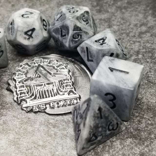 Sage's Stones - Ancient Silver Stone Black Ink Acrylic Polyhedral Dice Set - Sage's PortalAcrylic Dice Set
