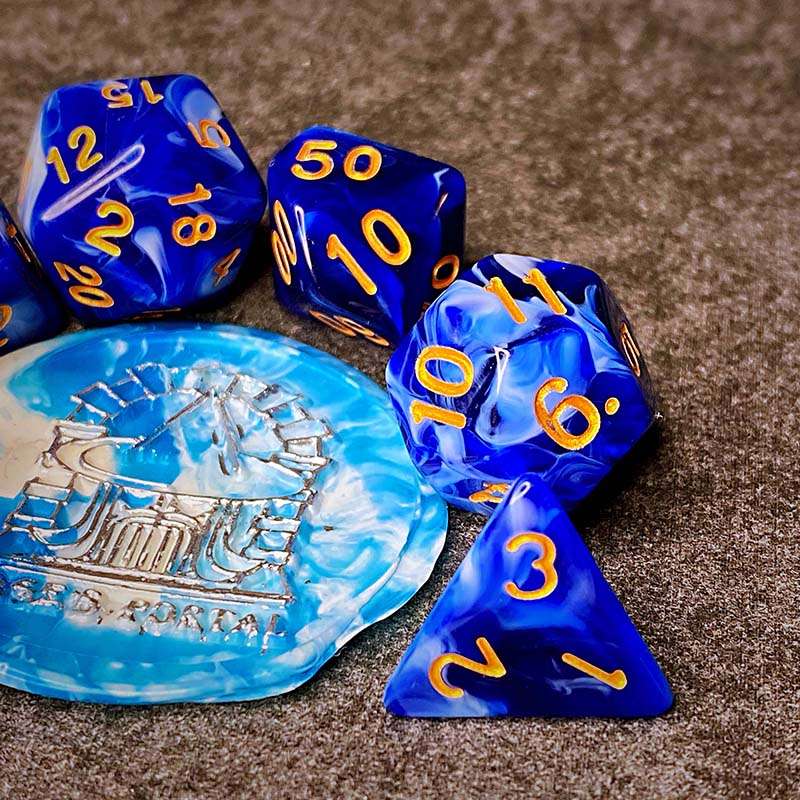 Sage's Stones - Blue/White Gold Ink Acrylic Polyhedral Dice Set - Sage's PortalAcrylic Dice Set