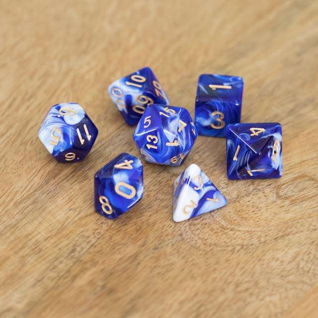 Sage's Stones - Blue/White Gold Ink Acrylic Polyhedral Dice Set - Sage's PortalAcrylic Dice Set