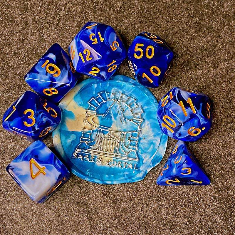 Sage's Stones - Blue/White Gold Ink Acrylic Polyhedral Dice Set - Sage's PortalAcrylic Dice Set
