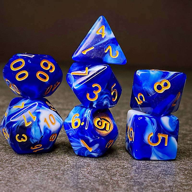 Sage's Stones - Blue/White Gold Ink Acrylic Polyhedral Dice Set - Sage's PortalAcrylic Dice Set