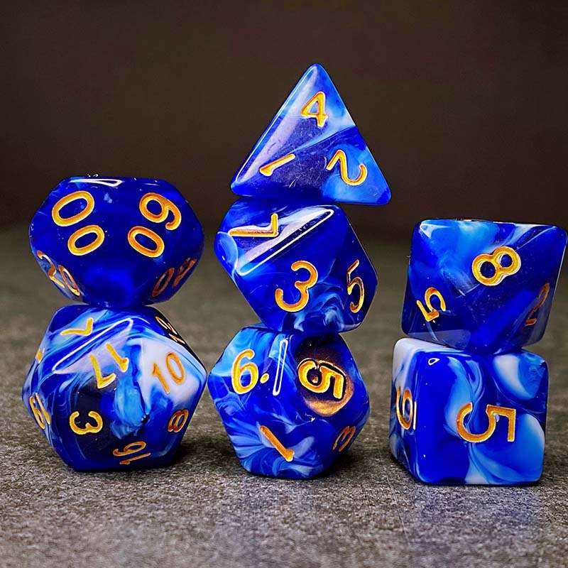 Sage's Stones - Blue/White Gold Ink Acrylic Polyhedral Dice Set - Sage's PortalAcrylic Dice Set