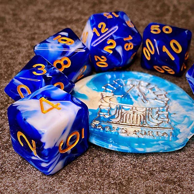 Sage's Stones - Blue/White Gold Ink Acrylic Polyhedral Dice Set - Sage's PortalAcrylic Dice Set