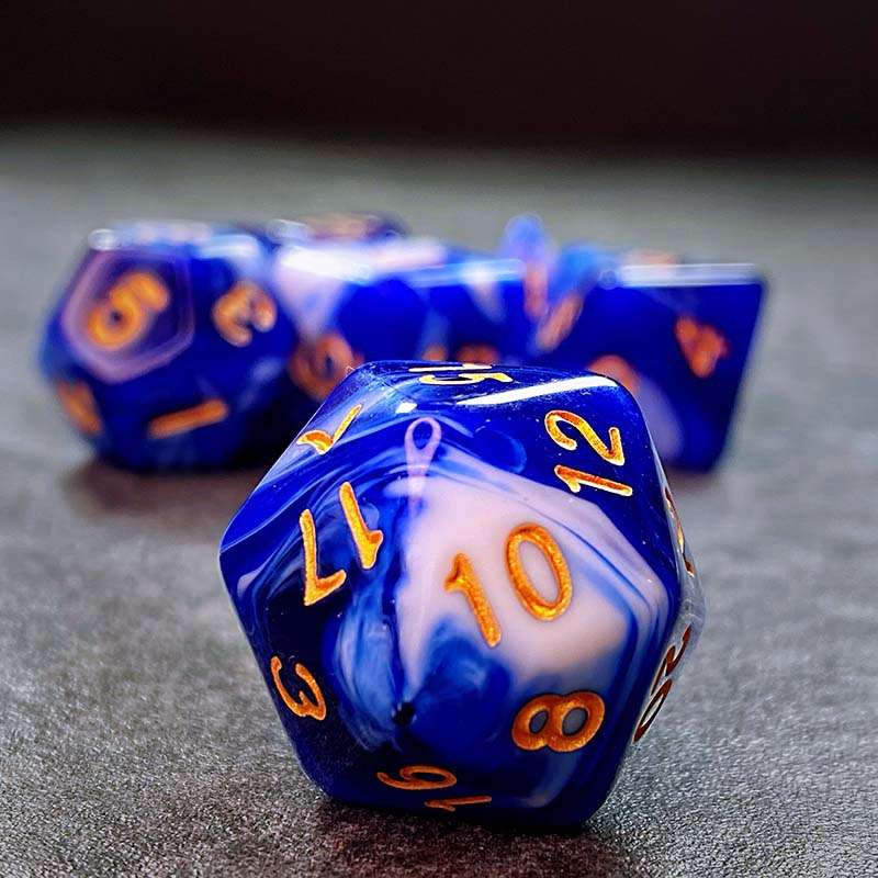 Sage's Stones - Blue/White Gold Ink Acrylic Polyhedral Dice Set - Sage's PortalAcrylic Dice Set