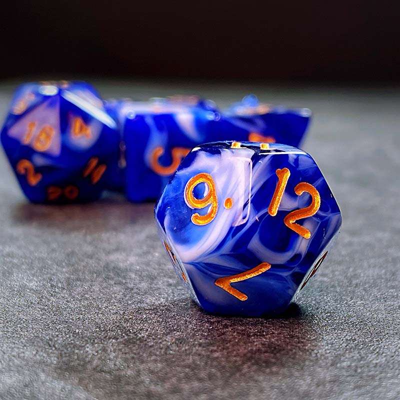 Sage's Stones - Blue/White Gold Ink Acrylic Polyhedral Dice Set - Sage's PortalAcrylic Dice Set