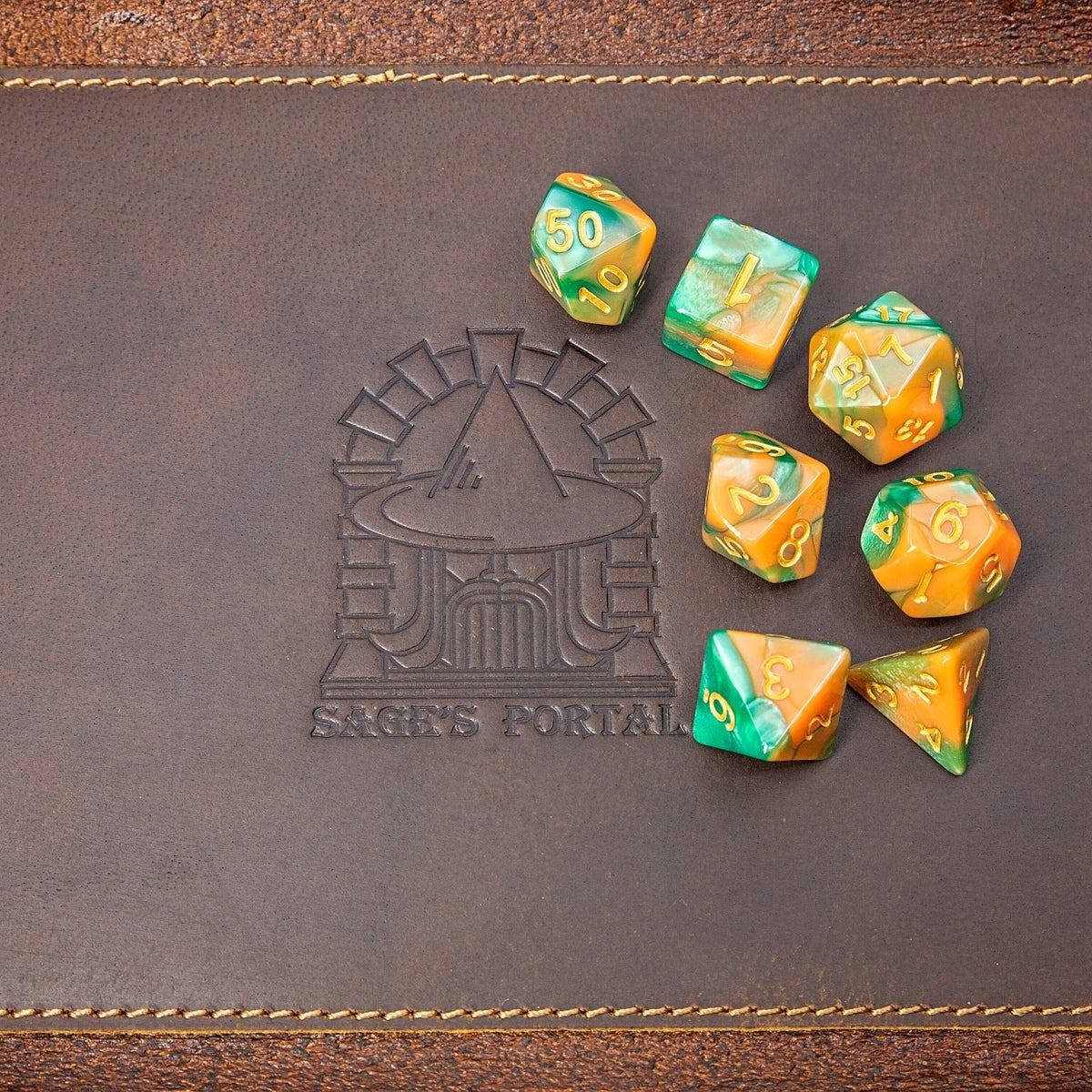 Sage's Stones - Peach/Green with Gold Ink Acrylic Polyhedral Dice Set - Sage's PortalAcrylic Dice Set