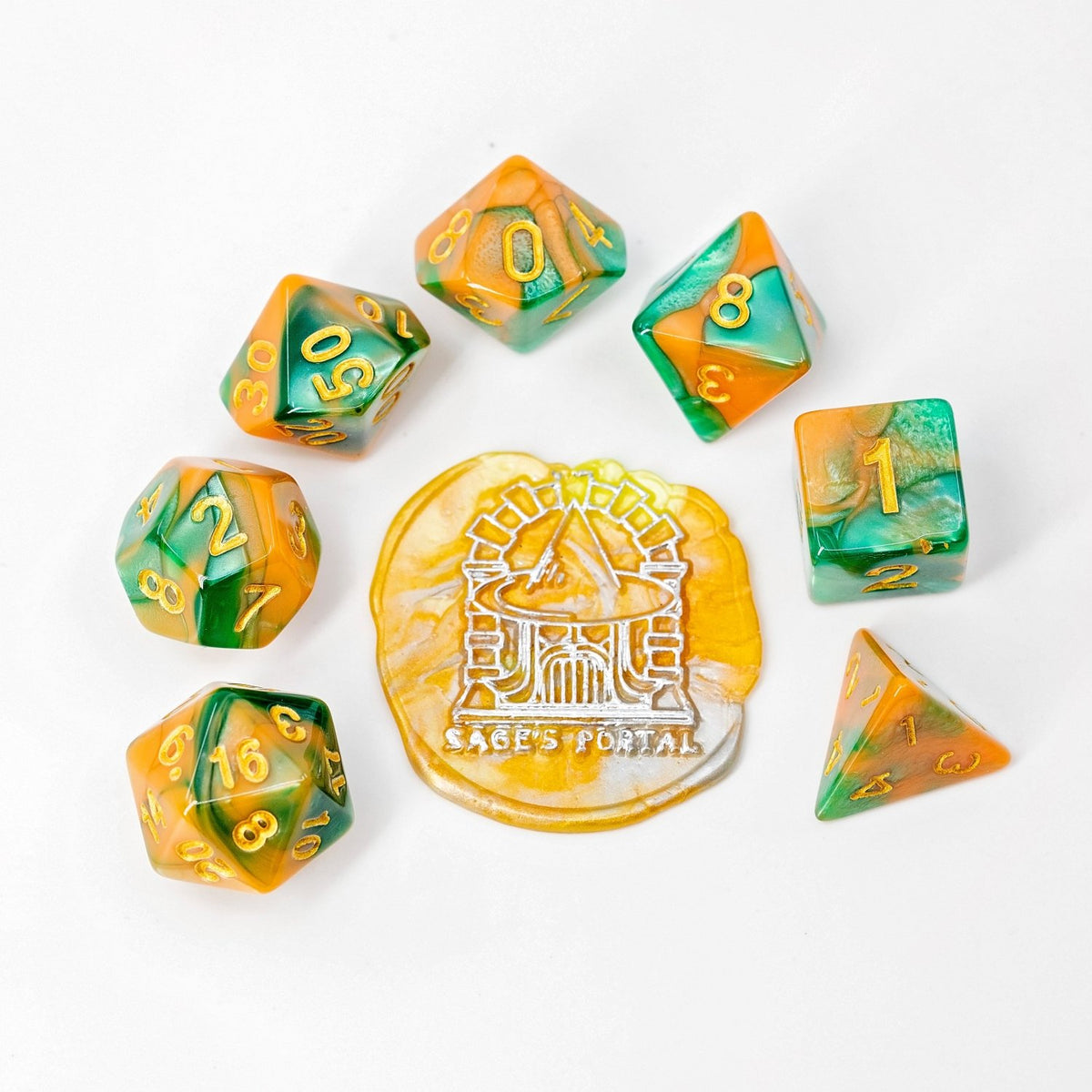 Sage's Stones - Peach/Green with Gold Ink Acrylic Polyhedral Dice Set - Sage's PortalAcrylic Dice Set