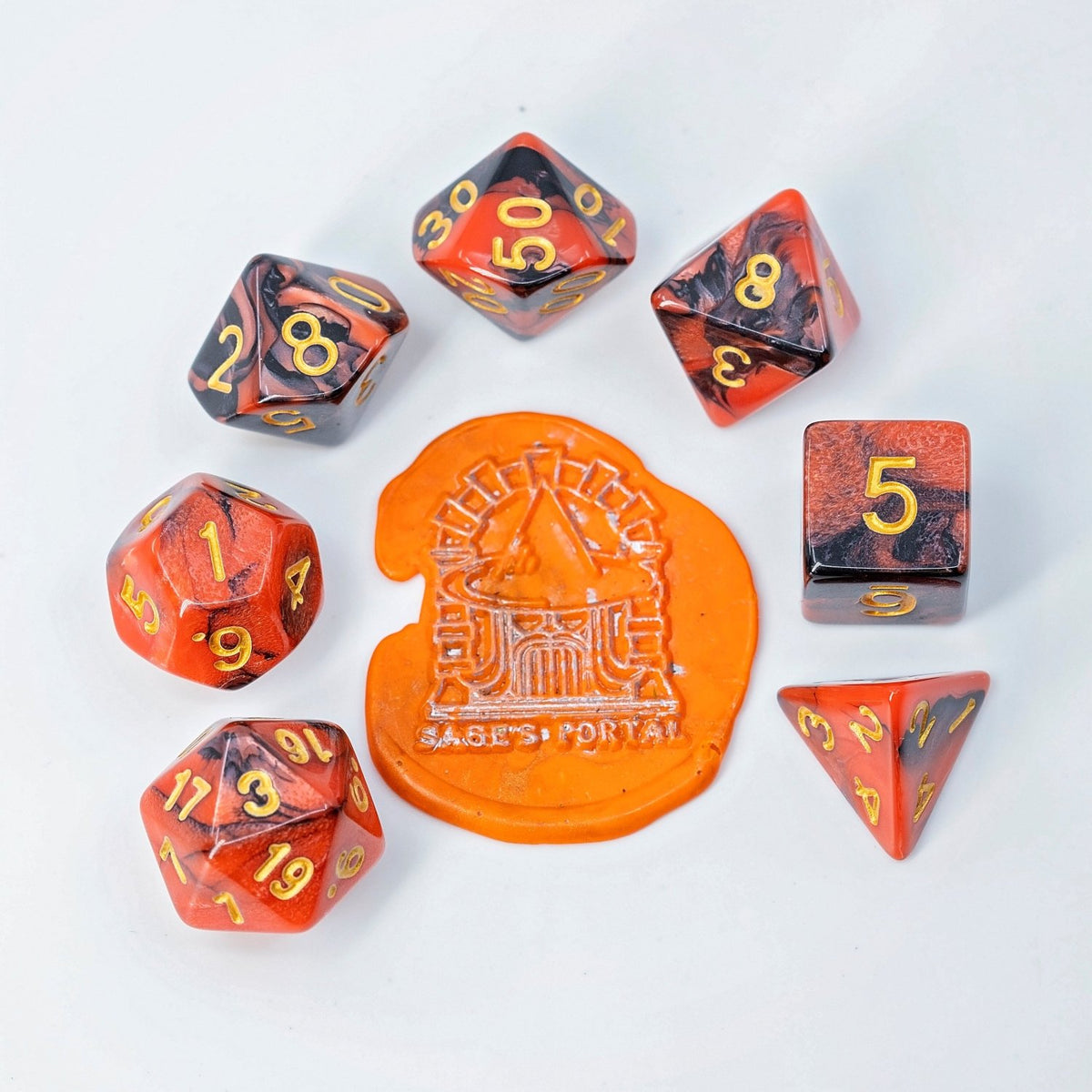 Sage's Stones - Red/Black with Gold Ink Acrylic Polyhedral Dice Set - Sage's PortalAcrylic Dice Set