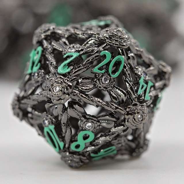 Sage's Tarnished Rose Hollow Metal Polyhedral Dice Set - Sage's PortalHollow Metal Dice Set