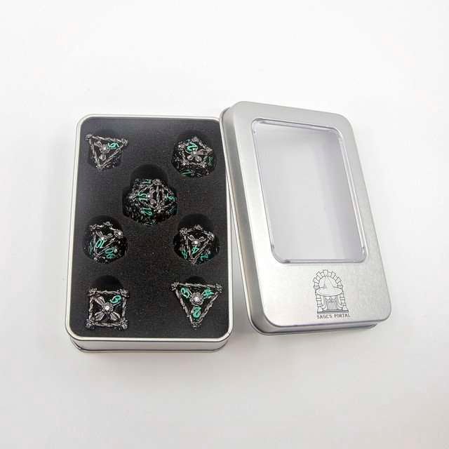 Sage's Tarnished Rose Hollow Metal Polyhedral Dice Set - Sage's PortalHollow Metal Dice Set