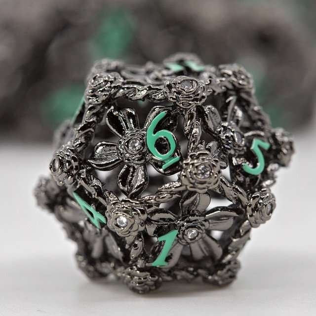 Sage's Tarnished Rose Hollow Metal Polyhedral Dice Set - Sage's PortalHollow Metal Dice Set